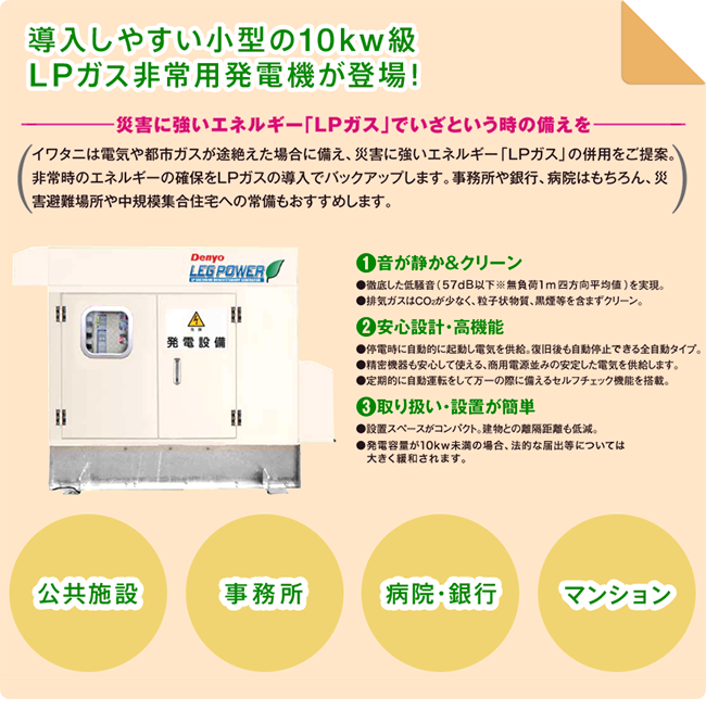 小形の10kw級LPガス非常用発電機が登場